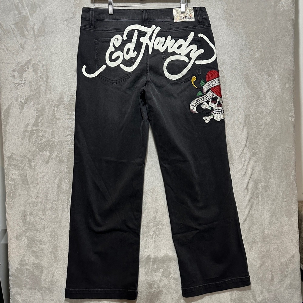 Ed Hardy Y2K Mens Love Kills Slowly Embroidered Faded Black Denim Jeans 32